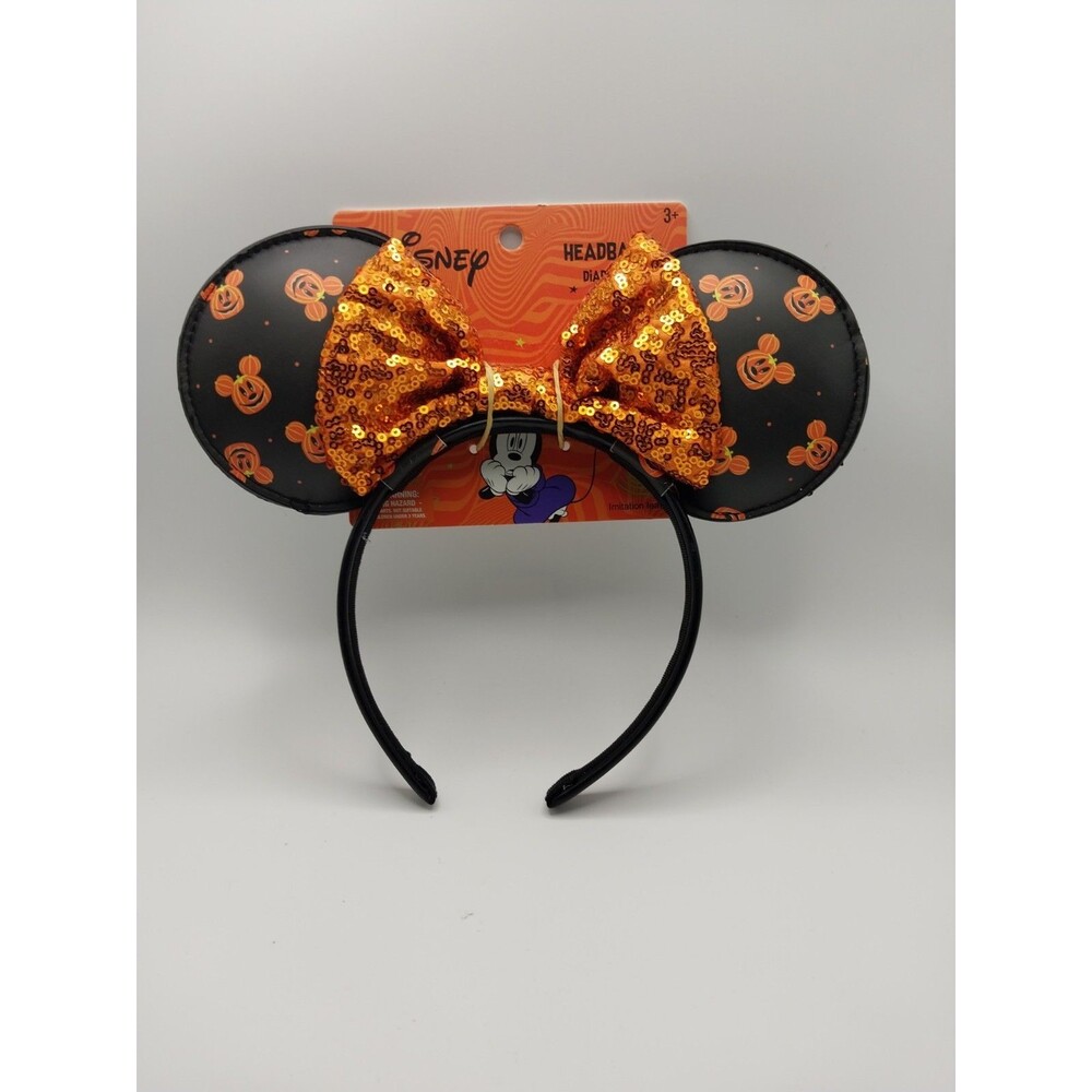 Disney Minnie Mouse Halloween Mouse Ears Headband Black Orange Sequin Bow